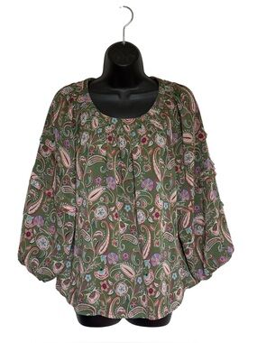 Loft Smocked Neckline Paisley Peasant Blouse Top Green Sz M